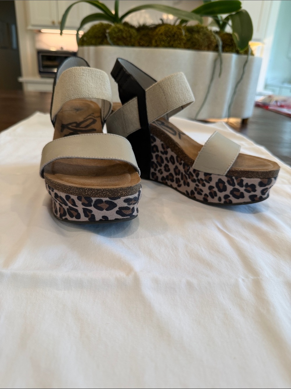 OTBT Beige Strappy Wedge Sandals with Leopard-Print Platform